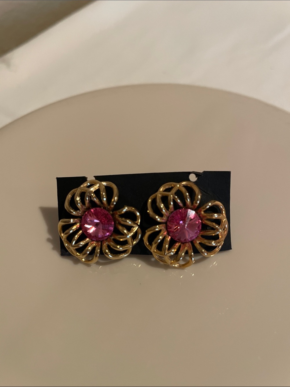 Vintage Style Gold Floral Pierced Earring Pink Center Sparkling Stone